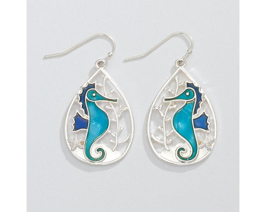 Blue Enamel Seahorse Scene Earrings (PBB)