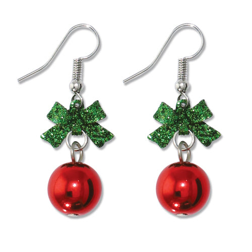 Red Ornament w/ Bow Earrings Christmas (PBB)