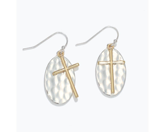 Gold Cross on Hammered Silver Earrings (PBB)
