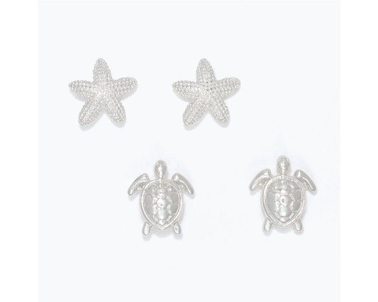 Silver Starfish & Turtle Duo Earrings (PBB)