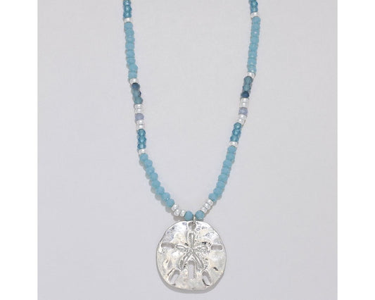 Silver Sand Dollar w/ Blue Beads Necklace (PBB)