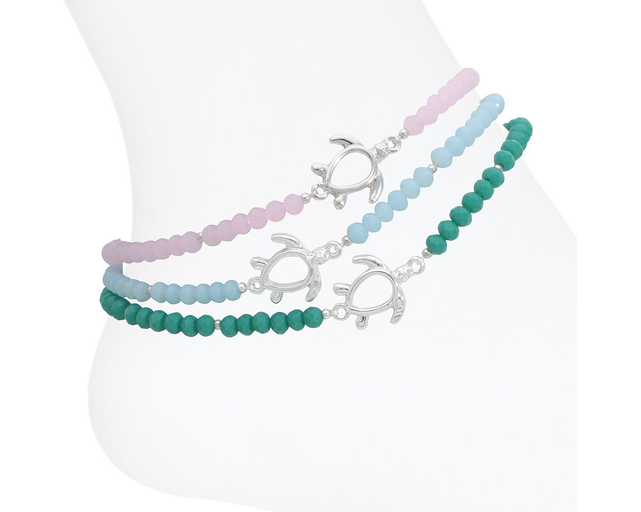 Ocean Tone Beads w/ Silver Turtle (various) Anklet (PBB)