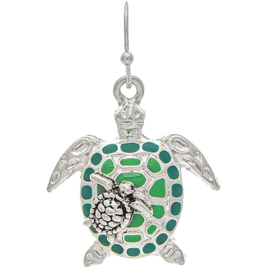 Silver Green Mom Baby Turtle Earrings (RJC)