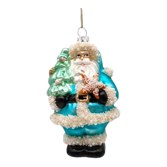 Chubby Santa w/ Blue Coat Holding Starfish Glass Ornament (D2D)