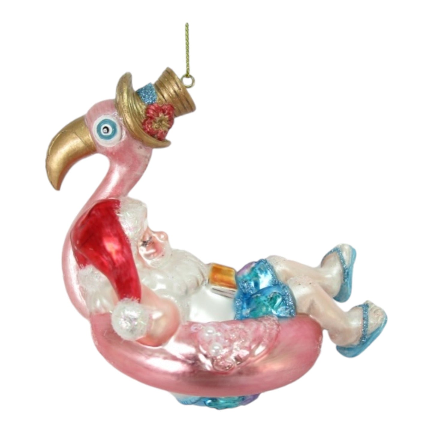 Santa on Flamingo Float Glass Ornament (D2D)