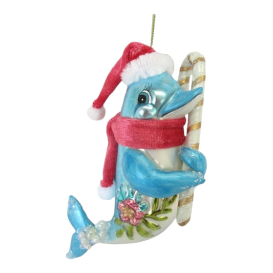 Dolphin with Candy Cane Glass Ornament (D2D)