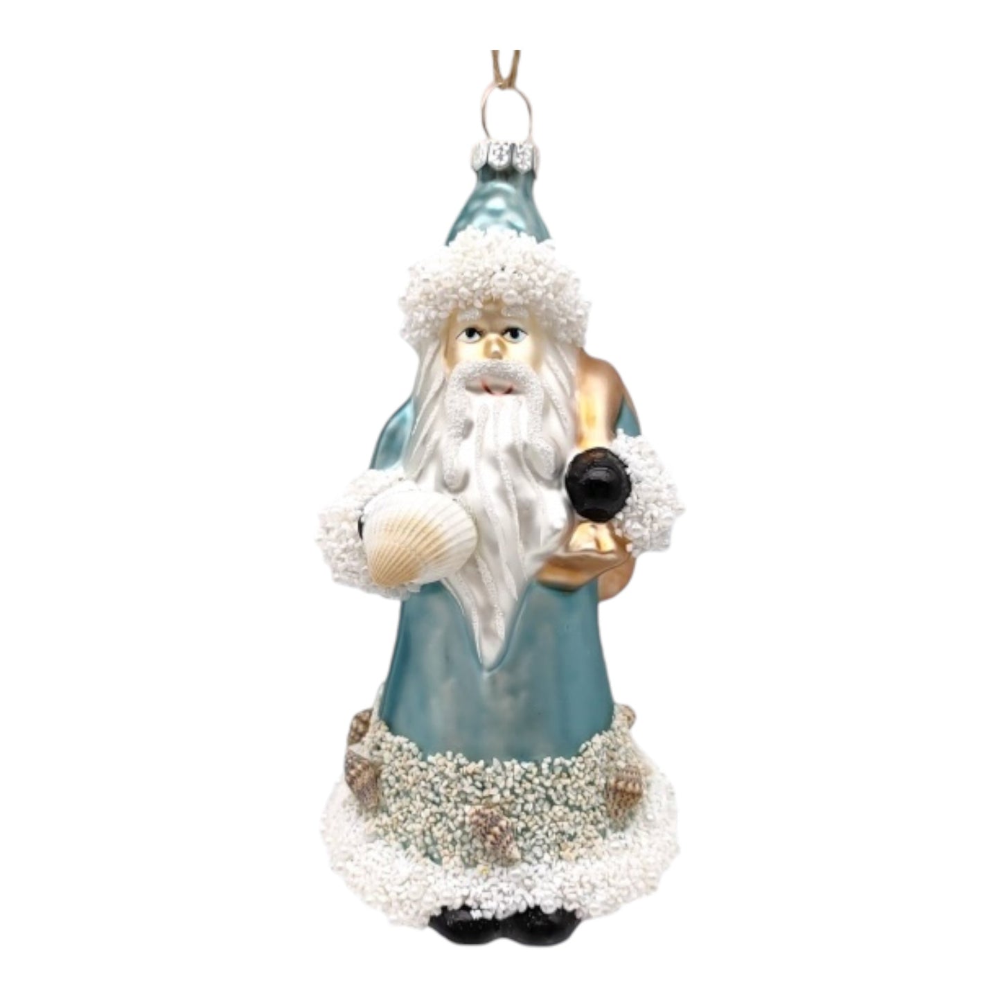 Santa w/ Blue Coat Holding Shell Glass Ornament (D2D)