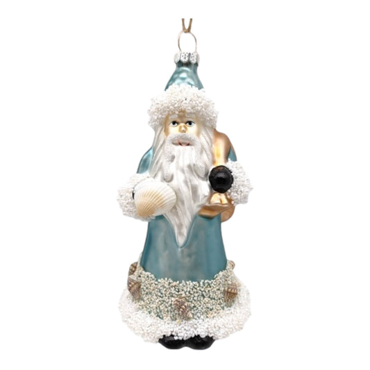 Santa w/ Blue Coat Holding Shell Glass Ornament (D2D)