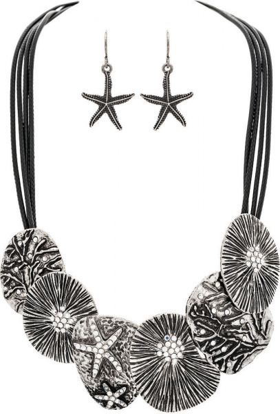 Silver Organic Shells on Black Cord Necklace Set (RJC)