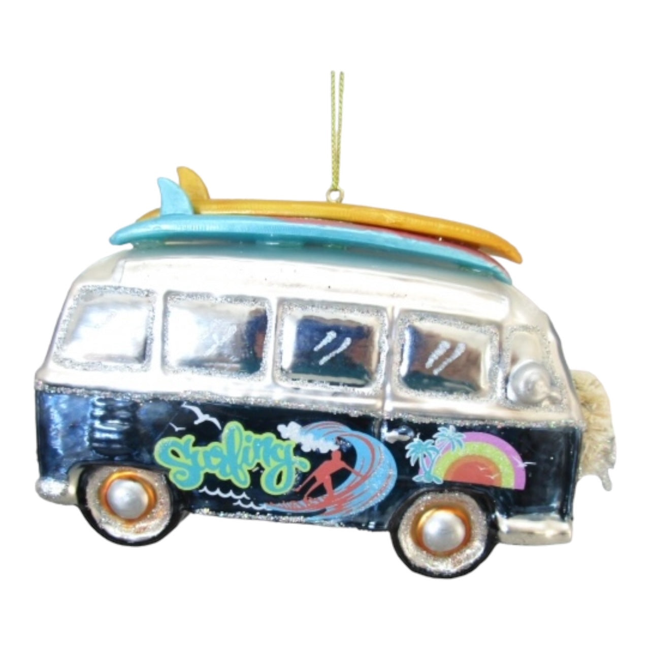 Blue Van w/ Surfboard Glass Ornament (D2D)