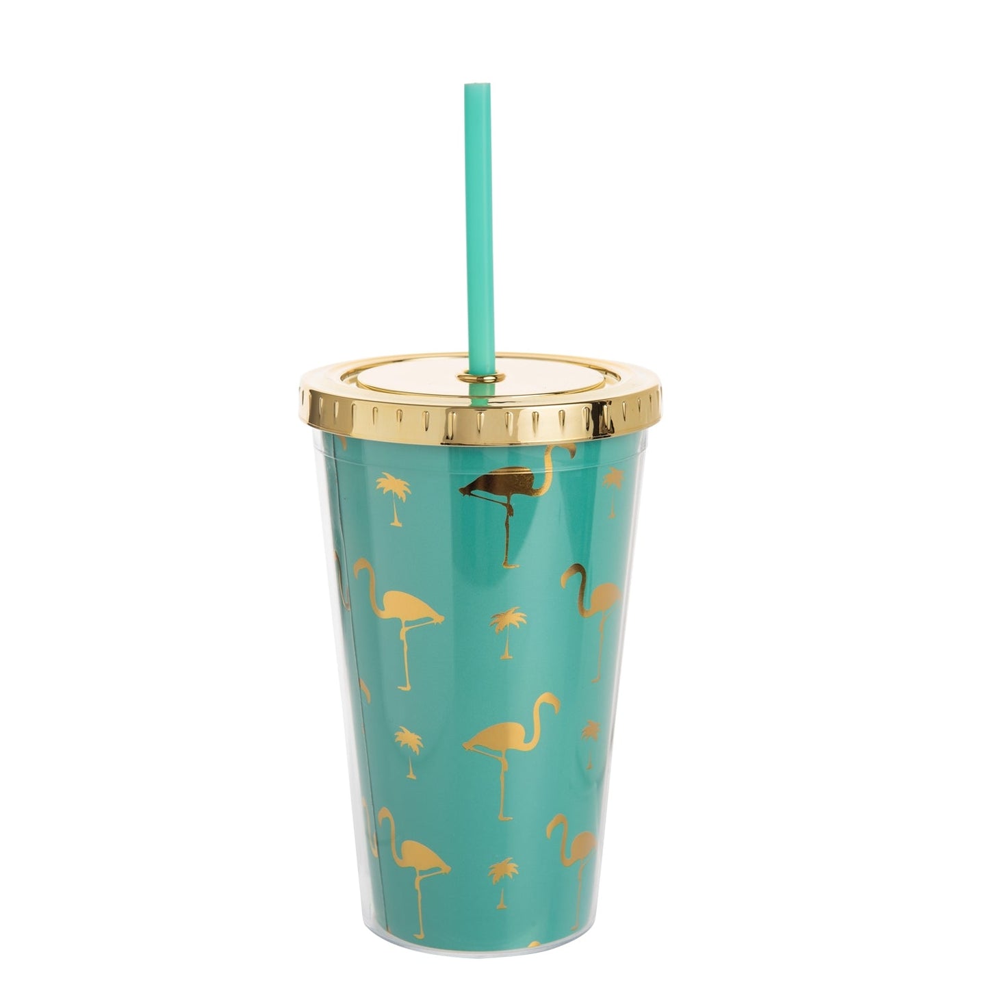 Plastic 16oz Tumbler w/ Lid & Straw Blue w/ Gold Flamingos (B2CS)