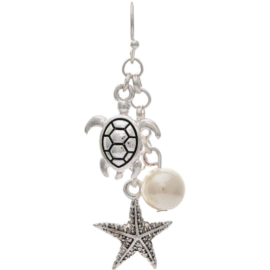 Silver Pearl Turtle Starfish Charm Earrings (RJC)